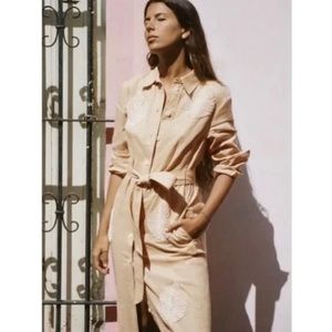 Zara Beaded Leaf Tan Linen Dress
